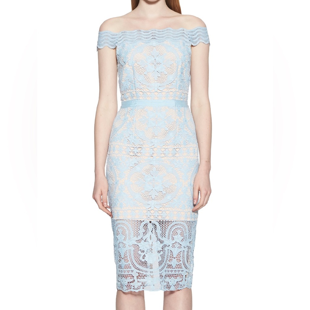 Aijek Padua Embroidered Lace Off The Shoulder Dress in Light Blue Size 2